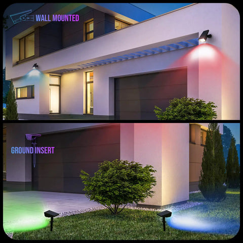 Solar Color Spotlight Lights Outdoor 35 LEDs Multicolor IP67 Waterproof 4 Pack illuminating house wall and garden at night