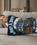 Woman sleeping under a Steam Train Locomotive Lightweight Fleece Blanket Cozy As Heck Throw For Living Room Couch And Home Decor 50x60 Inches Gift For Women, Girls, Boys, And Adults with 'Just A Boy Who Loves Train' design.