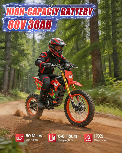 Off Road Electric Dirt Bike For Adults With 6000W Peak Mid Drive Motor 46 MPH Top Speed 60V 30Ah Battery 60 Mile Range Dual Brakes