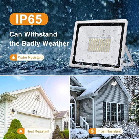 JUDYSSY Outdoor 100W Led Outdoor Flood Light in rain showing IP65 waterproof feature, suitable for harsh weather conditions.