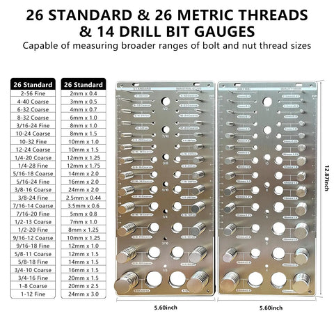 66 In One Nut And Bolt Thread Checker Set Pro Grade With 26 Metric Bolt Sizes 26 SAE Bolt Sizes And 14 Drill Bit Gauges displayed