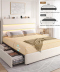 Snag This Super Roomy Queen Size Bed Frame With Plush Beige Velvet Upholstery And Two Easy Glide Storage Drawers Plus Smart Headboard Shelf in modern bedroom.