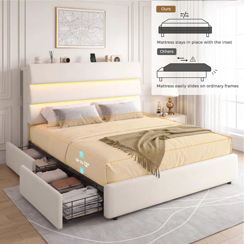 Snag This Super Roomy Queen Size Bed Frame With Plush Beige Velvet Upholstery And Two Easy Glide Storage Drawers Plus Smart Headboard Shelf in modern bedroom.