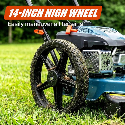 14-inch rubber high wheel of 22 Inch Gas Walk Behind Brush Cutter And String Trimmer With 160cc 4 Cycle Engine Heavy Duty.