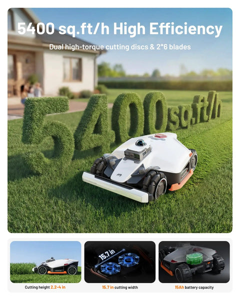 LUBA 3 AWD 5000H Robot Lawn Mower with 5400 sq.ft/h efficiency on grass, featuring all-wheel drive and garage