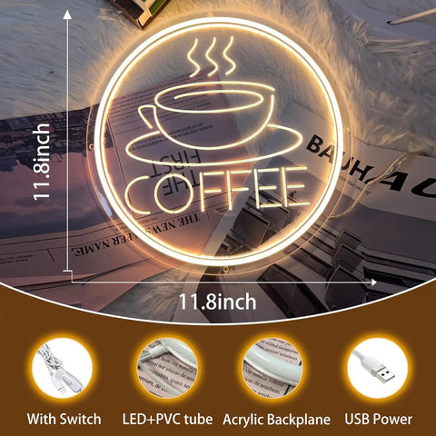 Coffee Cup Neon Sign USB Powered LED Light With 3D Engraved Art For Wall Decor showing 11.8 inch size and USB cable