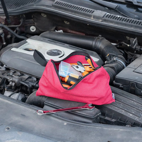 Red pouch with tools on car engine - 4 Pack Canvas Tool Pouches With Zippers, 16 Oz Heavy Duty Small Tool Bags, Multipurpose Organizer.