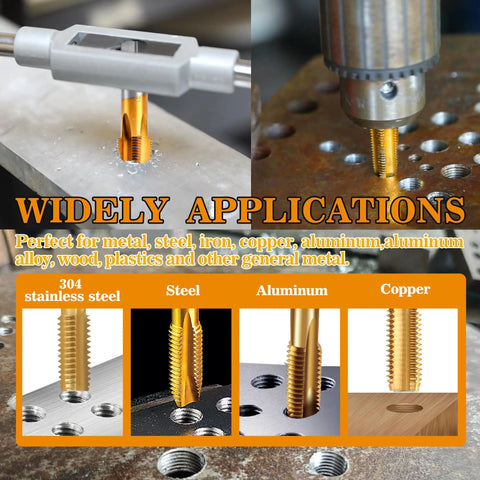 Rugged M2 HSS 1/8-27 NPT Pipe Tap And R Drill Bit Set With Titanium Plating used on various metals including steel and copper.