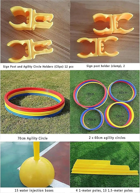 Drone Racing Obstacle Course Kit components including clamps, agility circles in various sizes, and poles for indoor or outdoor setups.