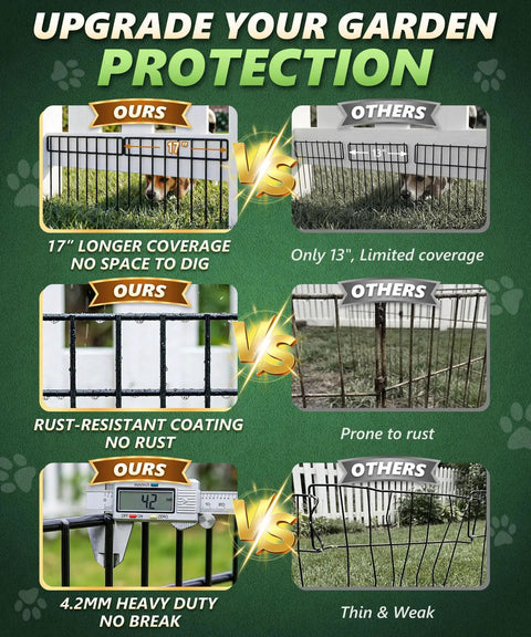 Comparison of 14 Panel 20 Ft No Dig Garden Fence Animal Barrier Kit for Dogs and Rabbits vs. standard garden fence, highlighting benefits.