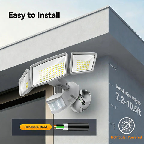 Three Head Outdoor Motion Sensor Flood Light With Remote, 7500 Lumens, 150 LED Beads, mounted on a building corner