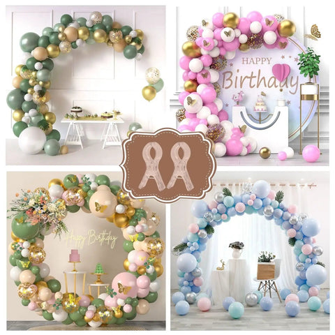 Clear Balloon Arch Clips Set, 10 Pack, shown with colorful balloon arch arrangements for party decor, DIY crafts.