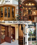 Top Shelf Matte Black Interior Door Hinges 3 1/2 Inch displayed on stylish wood doors in cafe and retail environments.