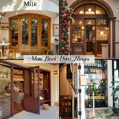 Top Shelf Matte Black Interior Door Hinges 3 1/2 Inch displayed on stylish wood doors in cafe and retail environments.