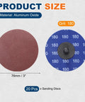 Heavy Duty Aluminum Oxide Sanding Discs For Die Grinders 3 Inch 180 Grit 20 Pack with red and blue backing pads.