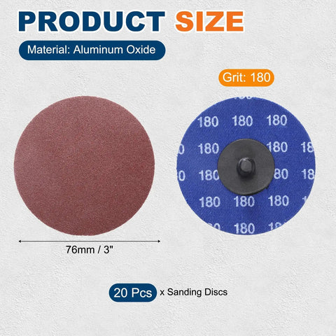 Heavy Duty Aluminum Oxide Sanding Discs For Die Grinders 3 Inch 180 Grit 20 Pack with red and blue backing pads.