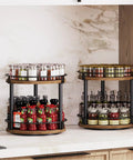 2 Tier Lazy Susan Spice Rack Set With Smooth 360 Degree Spin Rotating Spice Organizer For Cabinet Or Countertop Easy Reach Space Saving Turntable With Ball Bearing Base Rustic Brown Finish Compact Kitchen Organizer displaying spices on countertop.