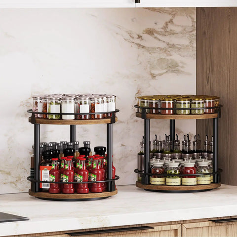 2 Tier Lazy Susan Spice Rack Set With Smooth 360 Degree Spin Rotating Spice Organizer For Cabinet Or Countertop Easy Reach Space Saving Turntable With Ball Bearing Base Rustic Brown Finish Compact Kitchen Organizer displaying spices on countertop.