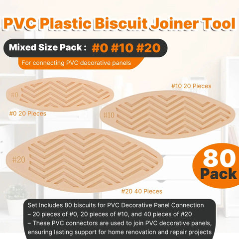 PVC Biscuit Joiner Connector Set 80 Piece Pack for PVC Panels and Wood Bonding with sizes 0, 10, and 20 biscuits shown.