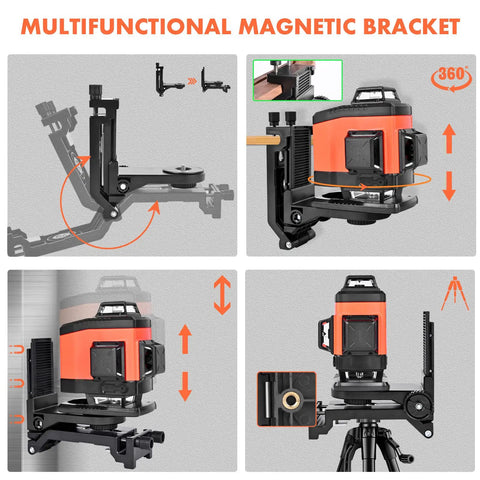4x360 Degree Laser Level With Self Leveling, 16 Line Green Beam For Floor Tiling And Ceiling, Rechargeable Battery mounted on magnetic bracket