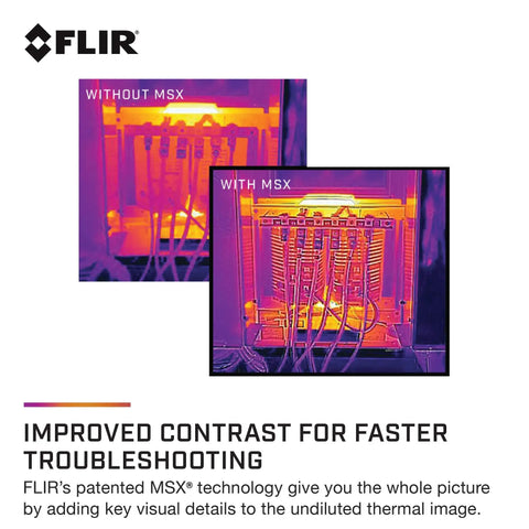 Comparison of thermal images with and without MSX on the Pro Grade Thermal Imaging Camera With 24 Degree Lens, 320 By 240 Infrared Resolution, Minus 20 To Plus 650 Celsius Range, MSX Visual Enhancements, 4 Inch Touchscreen, MeterLink Ready showing improved contrast.