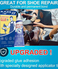 Ultimate Shoe Glue Repair Kit With Precision Metal Applicator For Sneakers Boots Leather And Handbags Bonds Cracks On Soles Heels And Edges Plus Rubber Cement Eraser Cleaning Tool 60ml Pack Of Two For A Quick Fix displayed next to shoe repair tools.