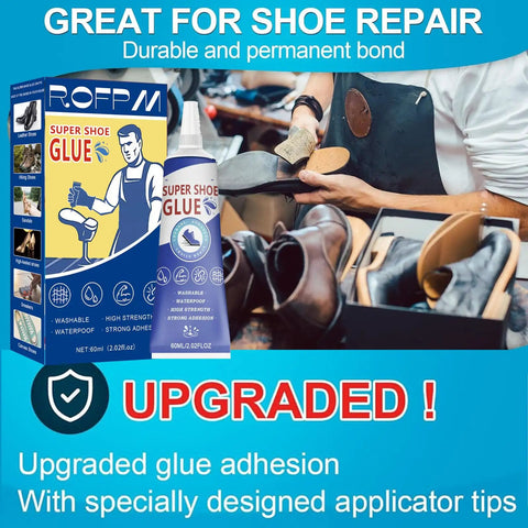 Ultimate Shoe Glue Repair Kit With Precision Metal Applicator For Sneakers Boots Leather And Handbags Bonds Cracks On Soles Heels And Edges Plus Rubber Cement Eraser Cleaning Tool 60ml Pack Of Two For A Quick Fix displayed next to shoe repair tools.