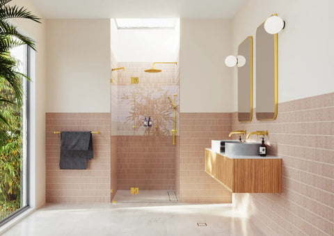 Frameless Shower Door Hinge With EnduroShield Glass Coating, Polished Brass Finish, 78 In By 43.75 In, Heavy-Duty Glass Enclosure Hardware for a Sleek, Leak-Free Shower in gold bathroom