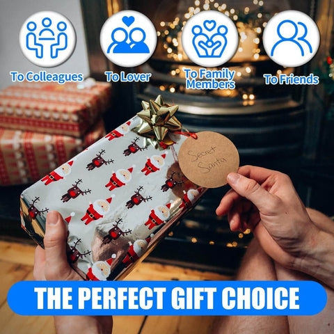 Person holding Christmas gift with Santa wrapping paper and Secret Santa tag, fireplace and gift boxes in background.