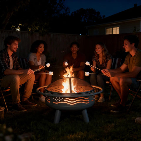 Group around Cozy 32 Inch American Flag Fire Pit With Mesh Cover And Poker For Patio Garden And Backyard Round Metal Firepit