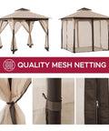 9 Ft By 9 Ft Soft Top Gazebo With 2 Tier Canopy Roof No Fuss Setup Durable Steel Frame Easy Tension Adjustment Ceiling Hook Mosquito Netting Weather Resistant Tan And Brown Outdoor Shelter with mesh netting details