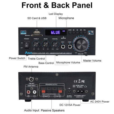 Front and back panel of Dope Bluetooth 5.0 Stereo Amplifier 400W 2 Channel For Home Stereo System with labeled functions