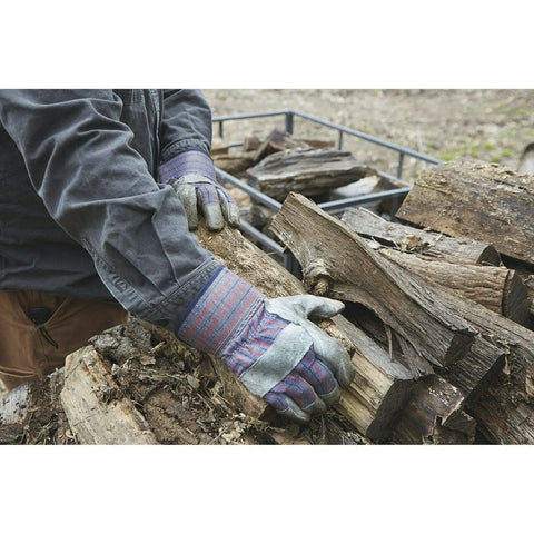 Heavy Duty Work Gloves For Landscaping And Gardening, 12 Pair Pack With Safety Cuff And Wing Thumb gripping firewood.