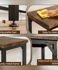 Features of a narrow entryway console table with adjustable feet, easy-to-clean surface, sturdy metal frame, and structural stability.