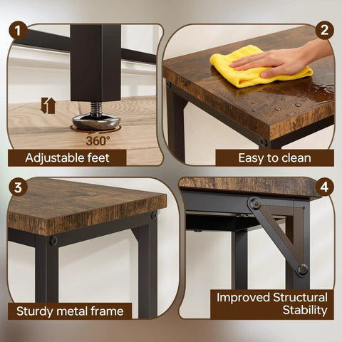 Features of a narrow entryway console table with adjustable feet, easy-to-clean surface, sturdy metal frame, and structural stability.