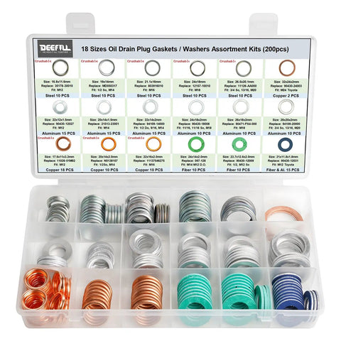 Oil Drain Plug Gasket And Washer Set 200 Pcs In 18 Sizes For Toyota Subaru Chevrolet Replacement in 18 Compartment Case