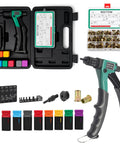 Grab This Badass 8-Inch Rivet Nut Gun Kit For Quick Repairs! Comes With Nine Mandrels And One Hundred Nuts For Metal Or Drywall Jobs. Perfect Stroke Control Makes Fastening Easy Plus Hard Case Keeps Gear Safe On Job Sites., 8-inch rivet nut gun kit in hard case with 9 mandrels and assorted rivet nuts