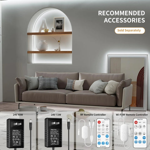 Living room with LED backlighting, recommended accessories shown, not included. COB LED Strip Light 20ft Long 6000K White Ultra Bright 3087 LEDs.