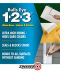 Bulls Eye 1-2-3 primer image with focus on All Purpose Primer Sealer Stain Killer For Interior And Exterior Surfaces Bonds To Glossy Finishes Works At 35 F Rust Inhibitive Stain Blocking Ideal For Ferrous Metal Seals And Preps Quickly 1 Quart; shows roller, sponge, brush application method.