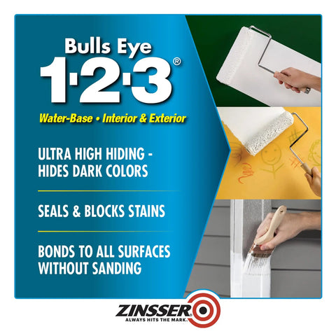 Bulls Eye 1-2-3 primer image with focus on All Purpose Primer Sealer Stain Killer For Interior And Exterior Surfaces Bonds To Glossy Finishes Works At 35 F Rust Inhibitive Stain Blocking Ideal For Ferrous Metal Seals And Preps Quickly 1 Quart; shows roller, sponge, brush application method.