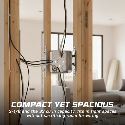 4 Inch Drawn Steel Electrical Box Set With 2 1/8 Inch Depth And 1/2 And 3/4 Inch Knockouts, installed in wooden framework