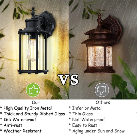 Comparison of two pack outdoor wall lights for porch patio and garage 12.5 inch exterior waterproof fixtures in matte black vs rusted options.