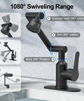 Top Shelf Stainless Steel Bathroom Sink Faucet With Slick Matte Black Finish And Full 1080 Degree Swivel Spout showing rotating features.