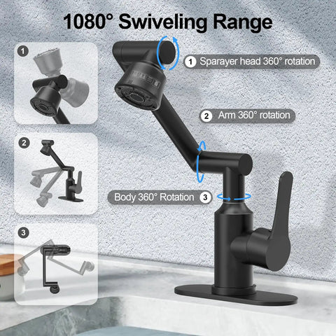 Top Shelf Stainless Steel Bathroom Sink Faucet With Slick Matte Black Finish And Full 1080 Degree Swivel Spout showing rotating features.