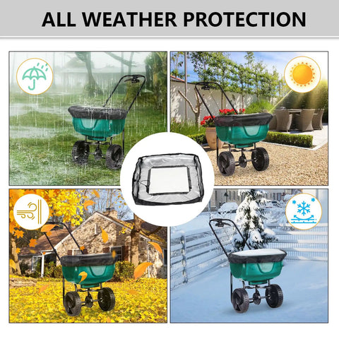 Two Pack Broadcast Spreader Covers With PVC Window showcasing all-weather protection in different seasons.