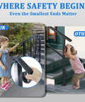 Child holding Super Tight Grip Outdoor Handrails For Steps And Indoor Stair Railing Kit Black Iron Guard with scroll patterns.