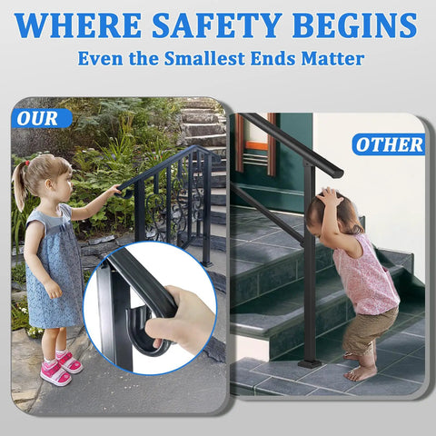 Child holding Super Tight Grip Outdoor Handrails For Steps And Indoor Stair Railing Kit Black Iron Guard with scroll patterns.