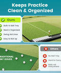 Comparison of 6x4Ft Golf Practice Mat With Built In Ball Tray Alignment Line versus traditional mat with scattered balls.