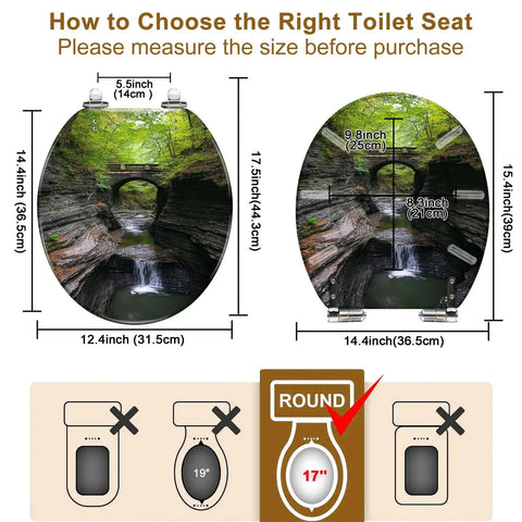 Round Resin Toilet Seat for Hiking Trail Restrooms showing size measurements and compatibility for proper fit.