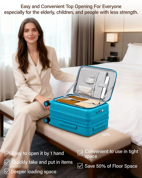 Woman with suitcase demonstrating Expandable 20 Inch Carry On Luggage With Top Opening Design Caribbean Blue Hard Shell Roller 8.8 Lb